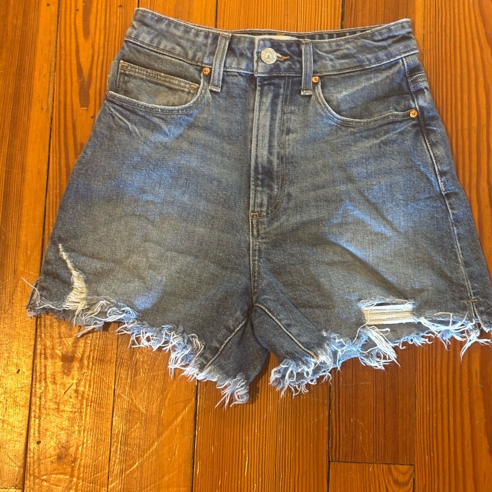 PAIGE Blue Frayed Hem Jean Shorts